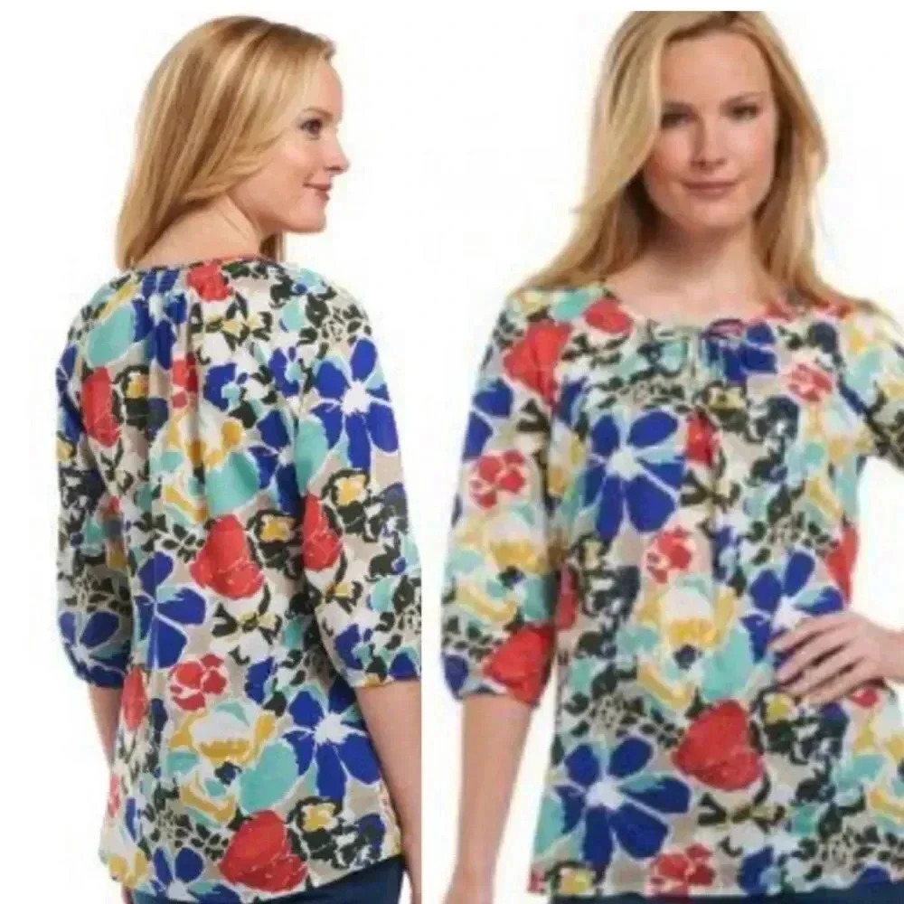 Liz Claiborne New York Floral Smocked Neck Top
